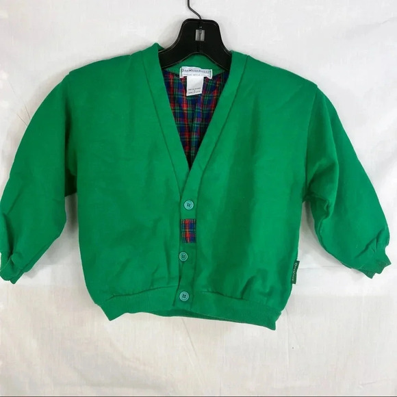 VTG Osh Kosh 80’s Kids Cardigan Green With Plaid Long Sleeve 5T Made In USA - Picture 1 of 7